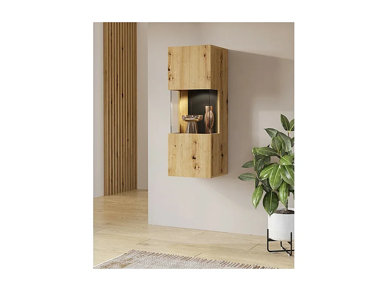 Kleine hangende vitrinekast met 1 deels glazen deur uit de EVA-collectie. Kleur: eiken en zwart.