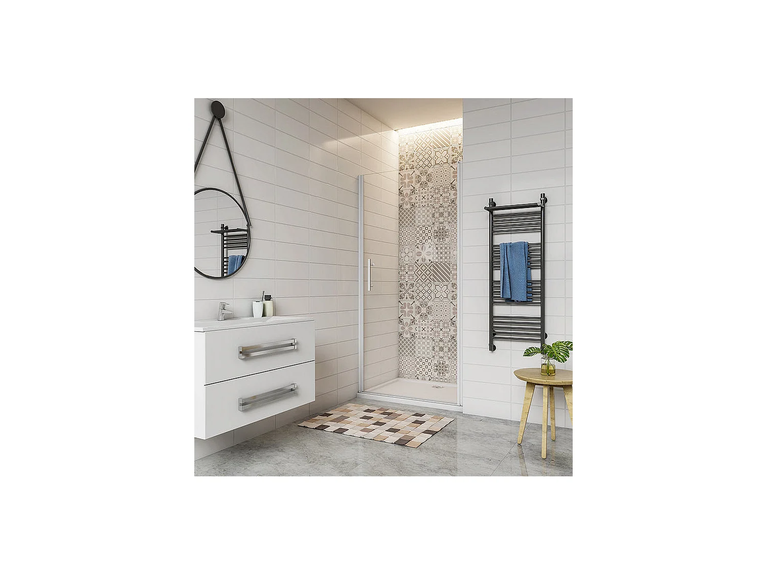 Porte de douche pivotante 70x185cm profilé blanc en verre de sécurité et transparent