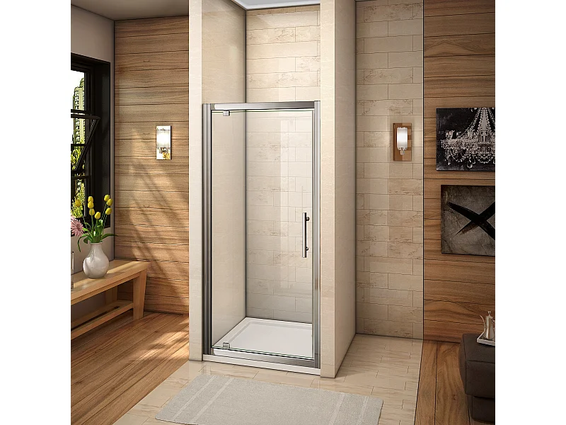 Porte de douche 76x185cm en 6mm verre securit transparent, porte de douche pivotante à pince tournée, installation en niche