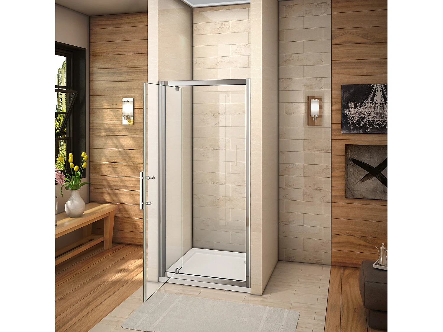 Porte de douche 76x185cm en 6mm verre securit transparent, porte de douche pivotante à pince tournée, installation en niche