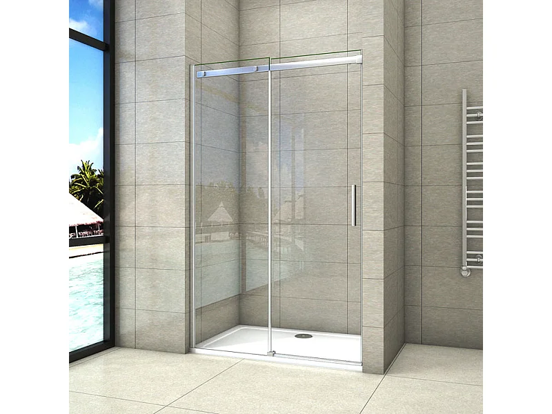 Porte de douche coulissante 140x195cm, porte de douche installée en niche, verre de sécurité anticalcaire 8mm, profilé chromé