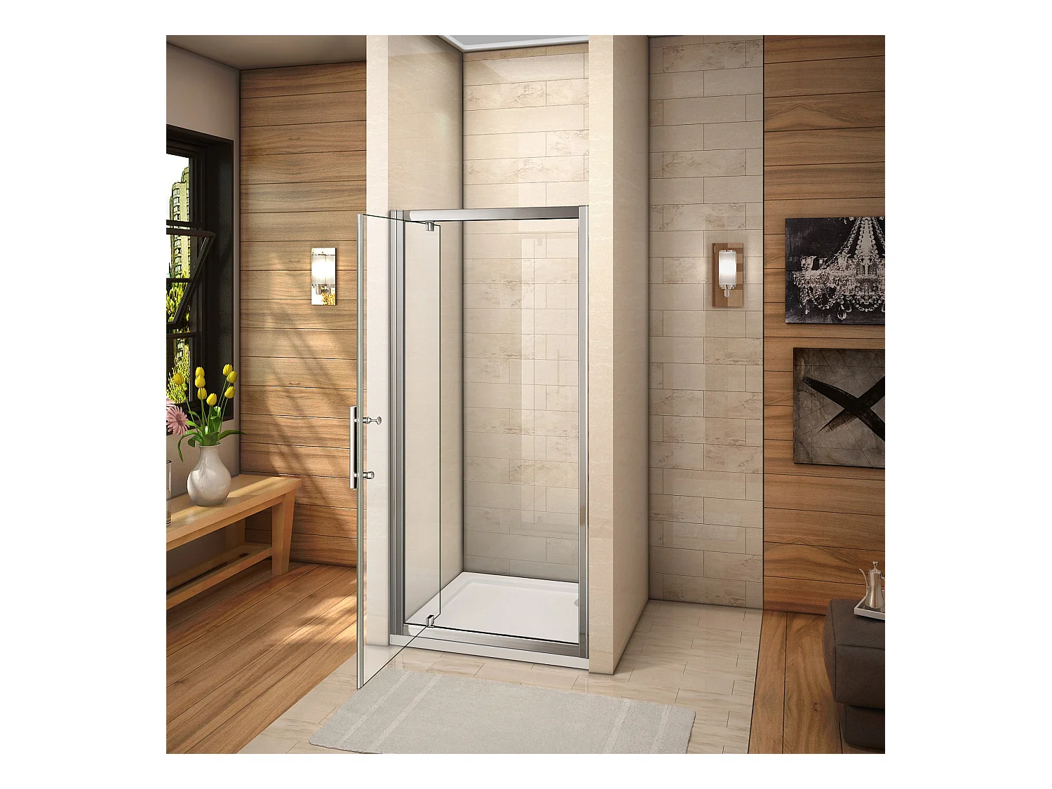 Porte de douche 80x185cm en 6mm verre securit transparent, porte de douche pivotante à pince tournée, installation en niche