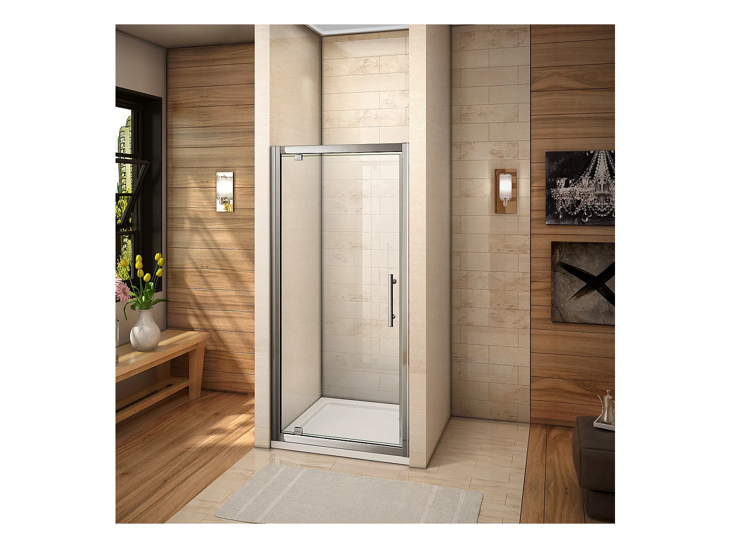 Porte de douche 90x185cm en 6mm verre securit transparent, porte de douche pivotante à pince tournée, installation en niche