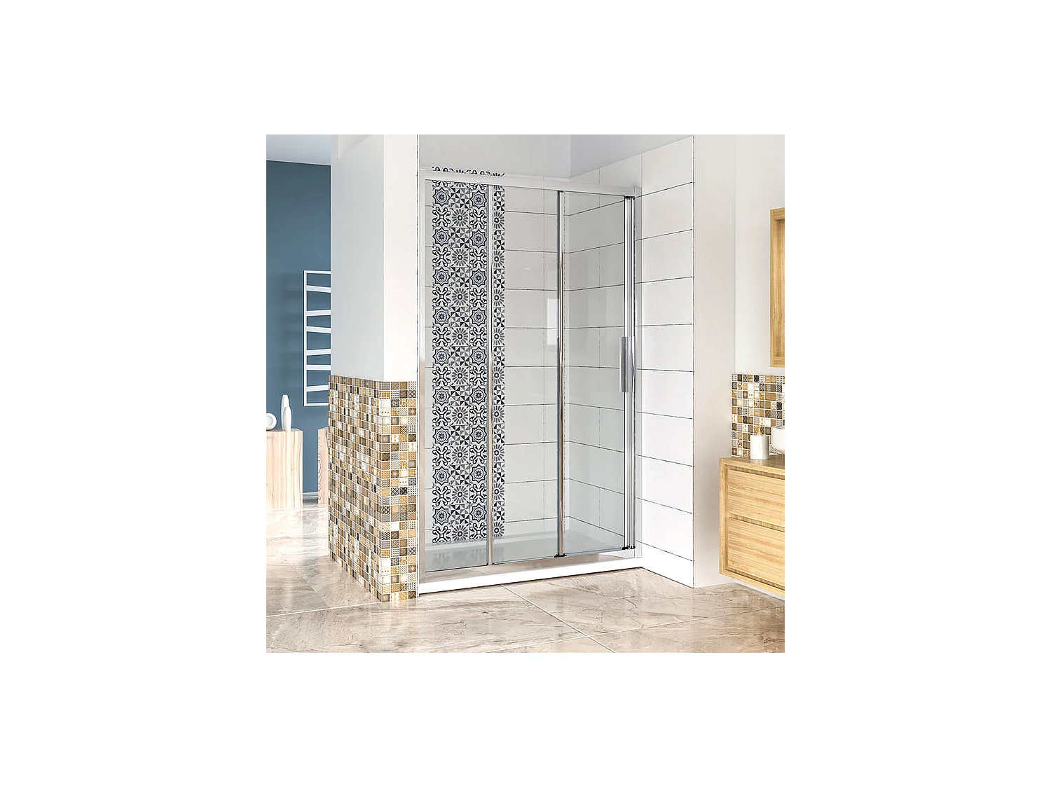 Porte de douche 140x195cm coulissante - 3 volets - Verre securit transparent