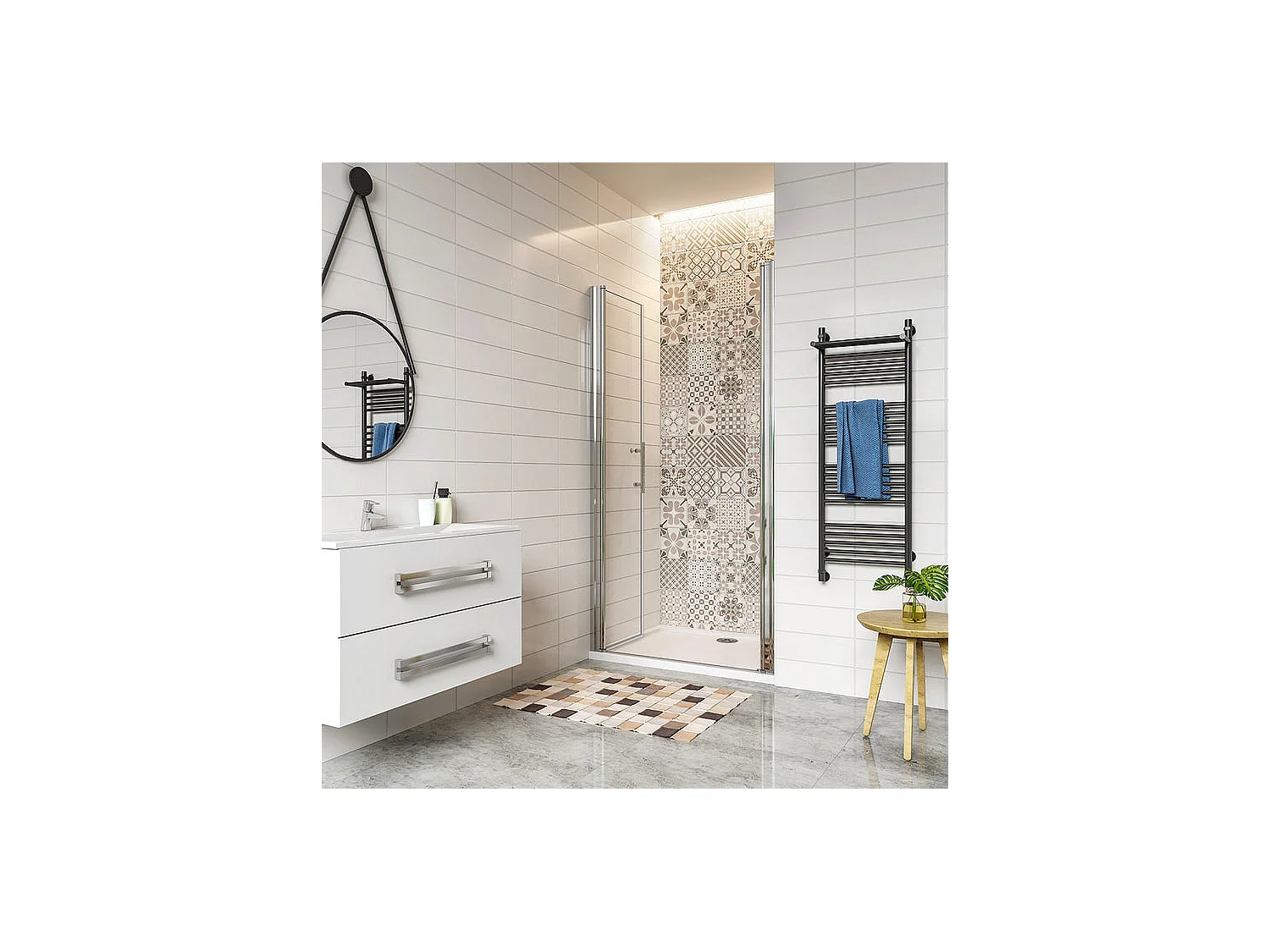 Porte de douche battante 120x187cm en 6mm verre anticalcaire avec receveur de douche blanc 120x90x3cm