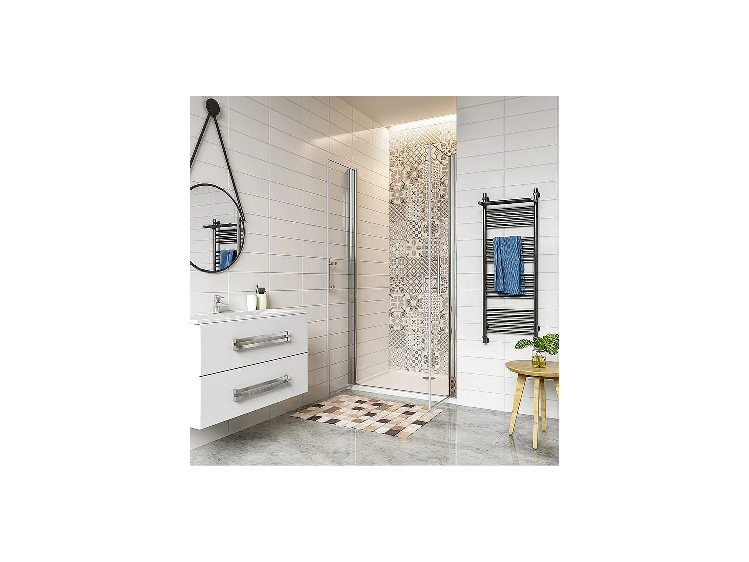 Porte de douche battante 100x187cm en 6mm verre anticalcaire avec receveur de douche blanc 100x80x3cm