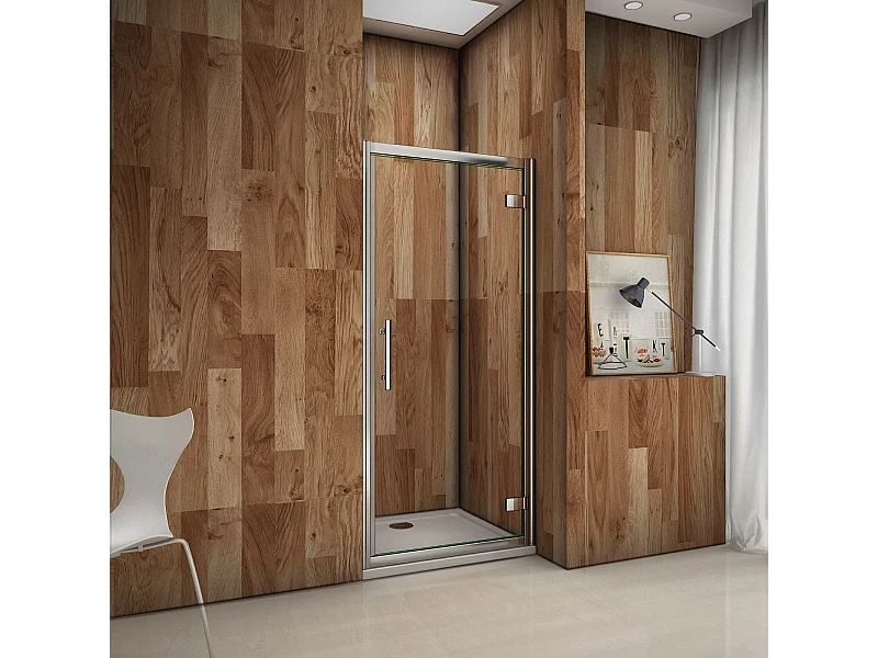 Porte de douche 90x185cm en 6mm verre de sécurité transparent, porte de douche pivotante à charnière