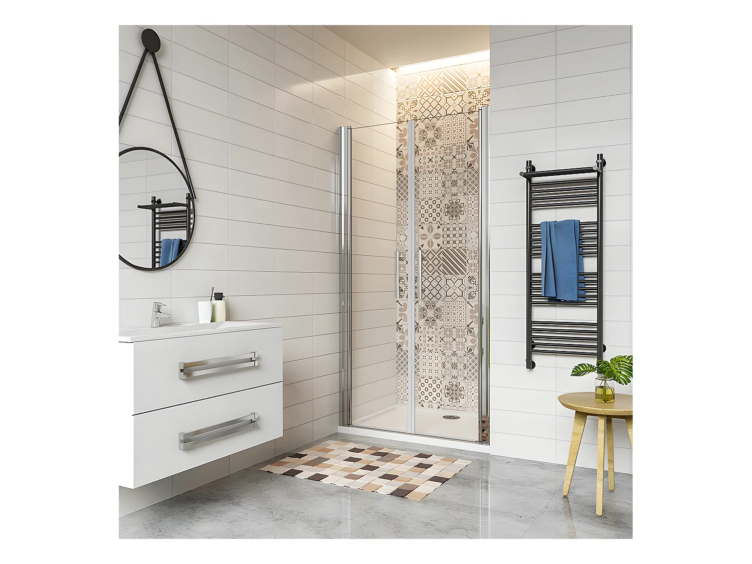 Porte de douche battante 100x187cm en 6mm verre anticalcaire avec receveur de douche blanc 100x70x3cm