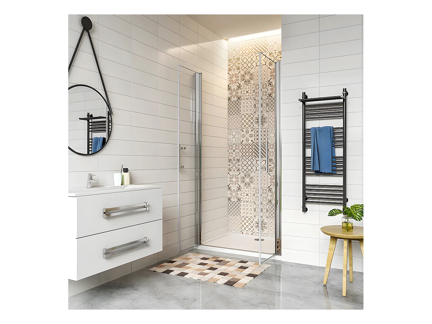 Porte de douche battante 100x187cm en 6mm verre anticalcaire avec receveur de douche blanc 100x70x3cm