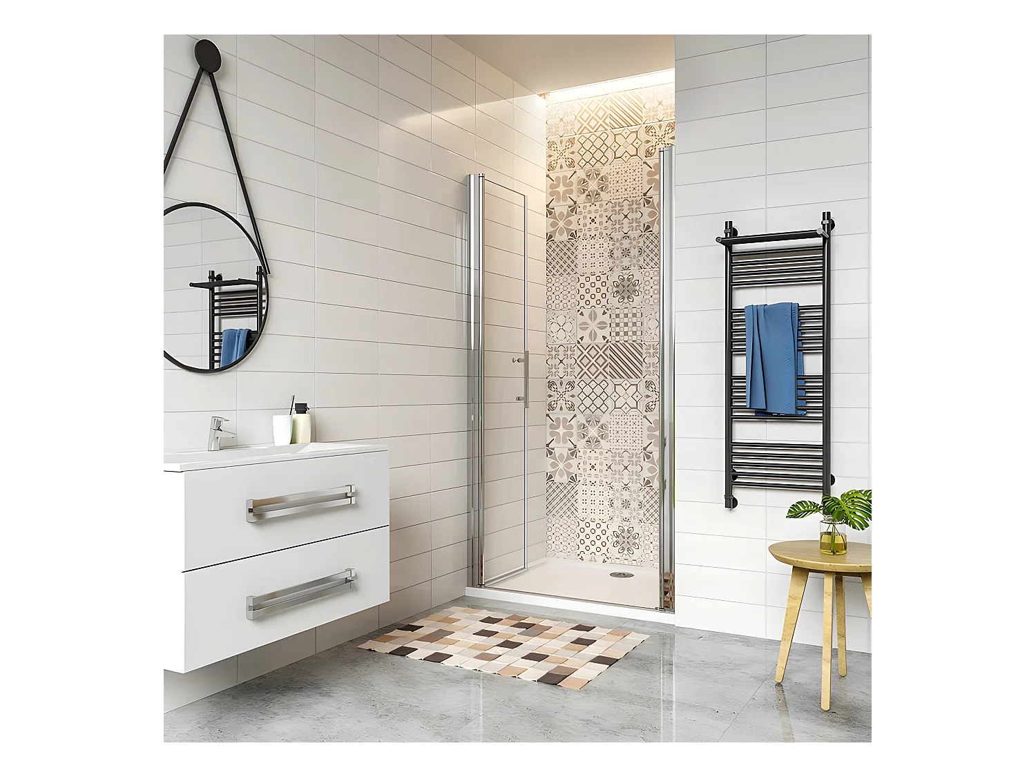 Porte de douche battante 100x187cm en 6mm verre anticalcaire avec receveur de douche blanc 100x70x3cm