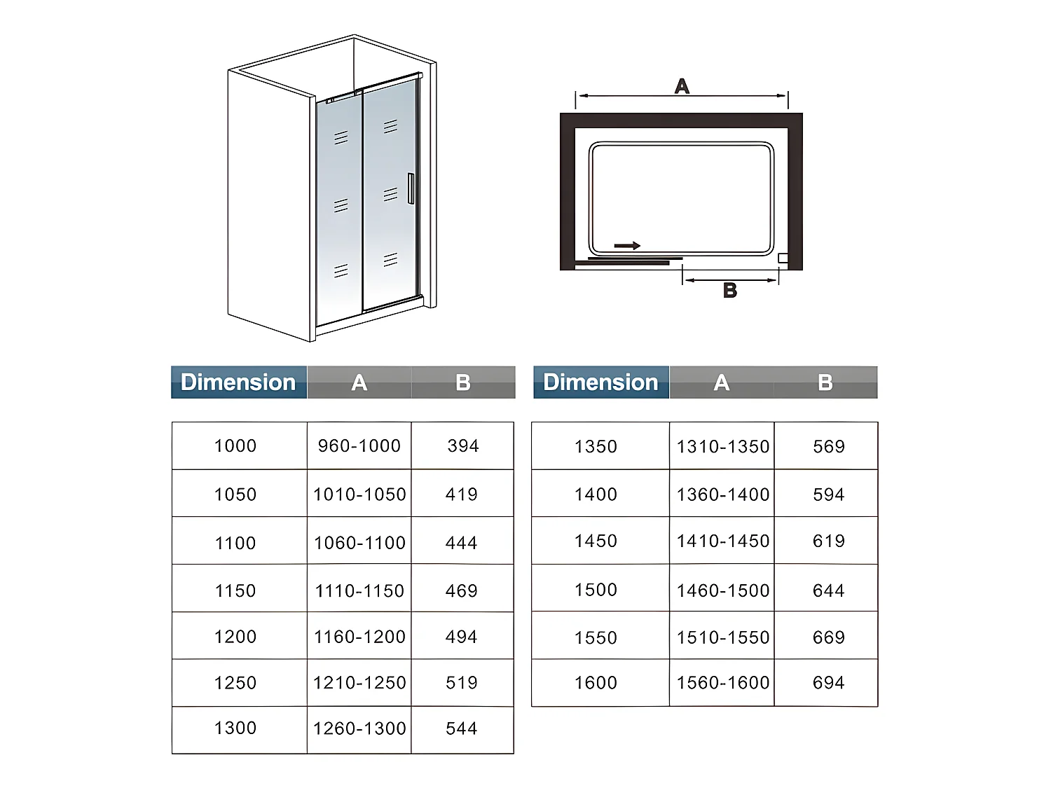 Porte de douche coulissante 150x195cm, porte de douche installée en niche, verre de sécurité anticalcaire 8mm, profilé chromé