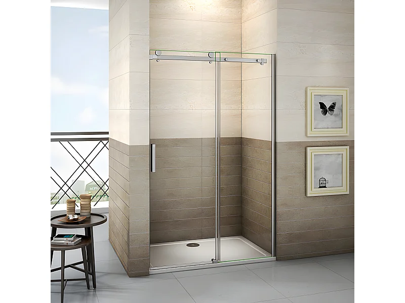 Porte de douche coulissante 150cm Hauteur 195cm en verre 8mm securit anticalcaire, porte de douche installée en niche