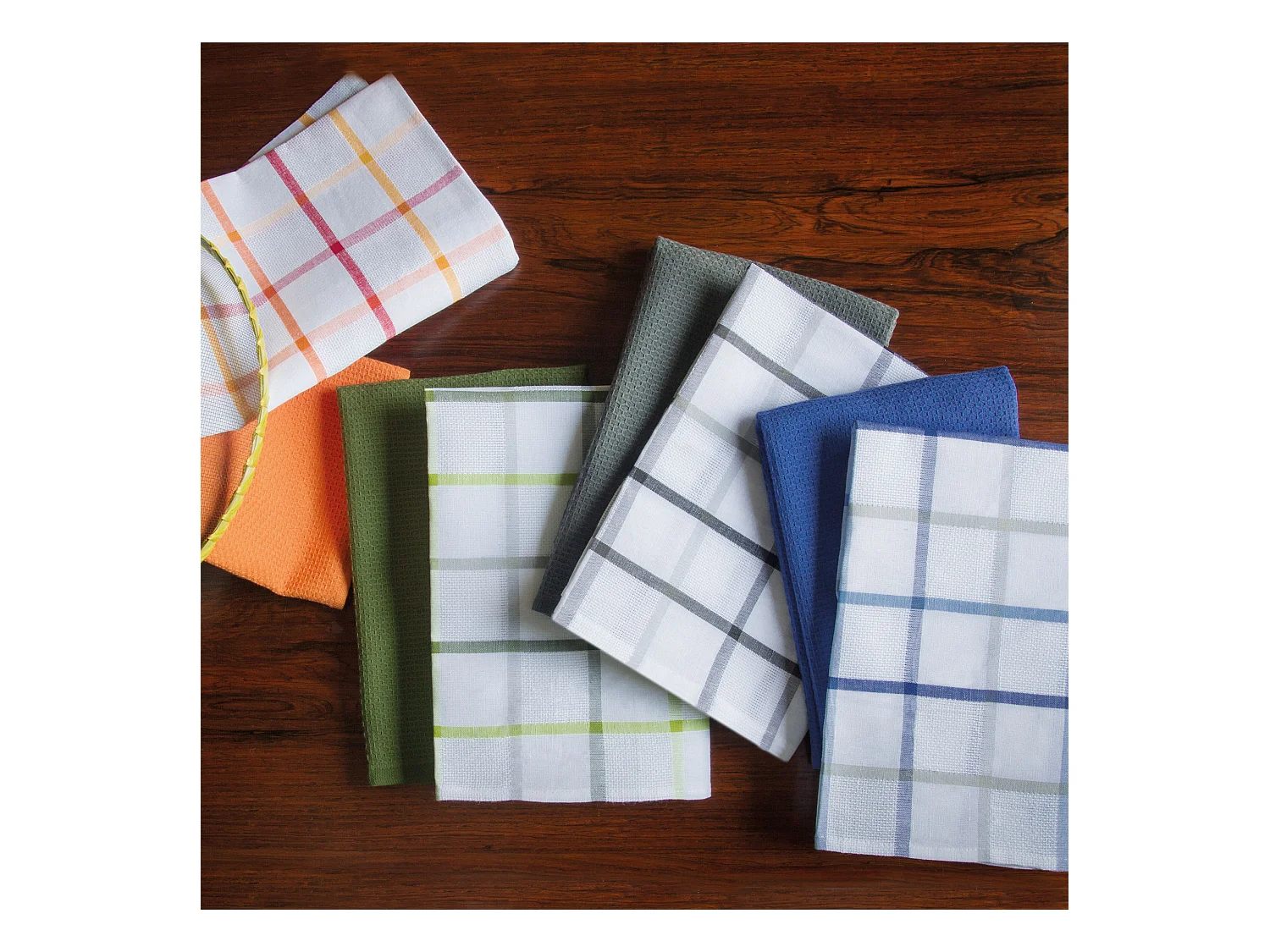 Lot de 2 torchons de cuisine toile 50x70 cm SQUARES LIN orange coton et lin