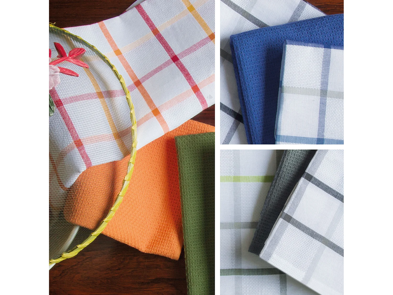 Lot de 2 torchons de cuisine toile 50x70 cm SQUARES LIN vert coton et lin