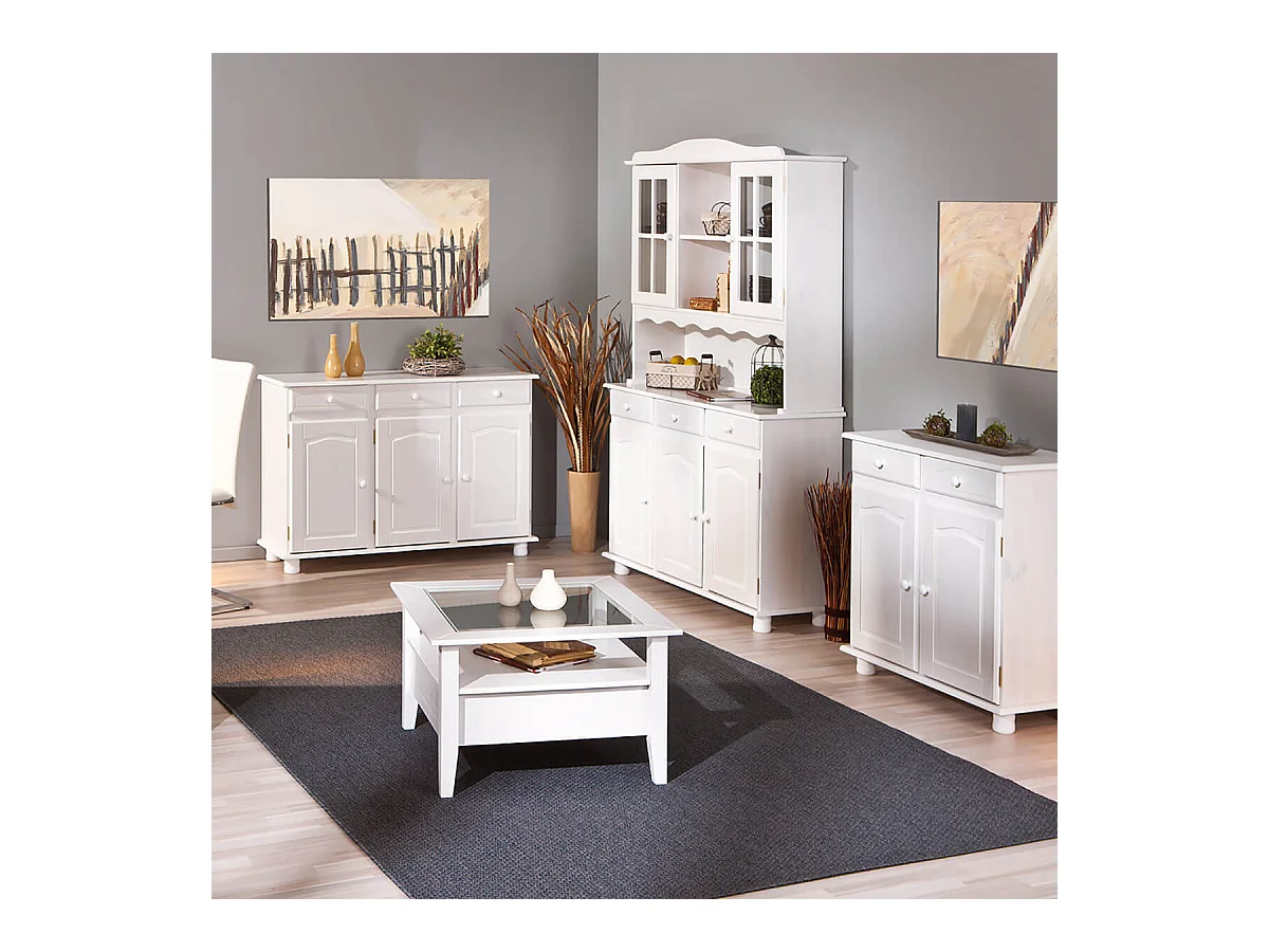 LAURIE - Buffet Vaisselier 5 Portes 3 Tiroirs Bois Massif Vernis Blanc