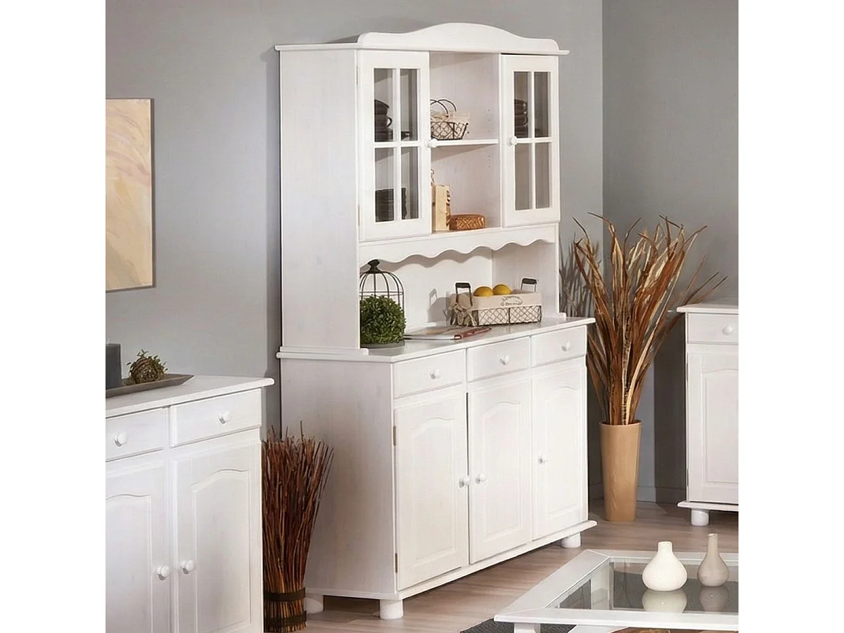 LAURIE - Buffet Vaisselier 5 Portes 3 Tiroirs Bois Massif Vernis Blanc