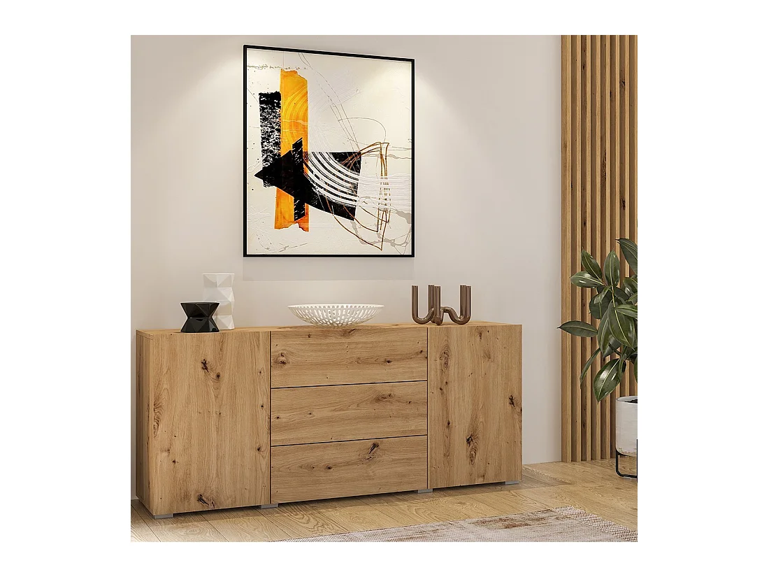 Buffet 140cm, Kollektion EVA, 2 Türen und 3 Schubladen. Farbe Eiche und Schwarz.