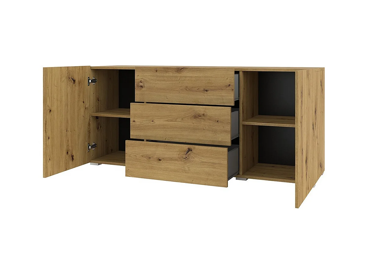 Buffet 140cm, Kollektion EVA, 2 Türen und 3 Schubladen. Farbe Eiche und Schwarz.