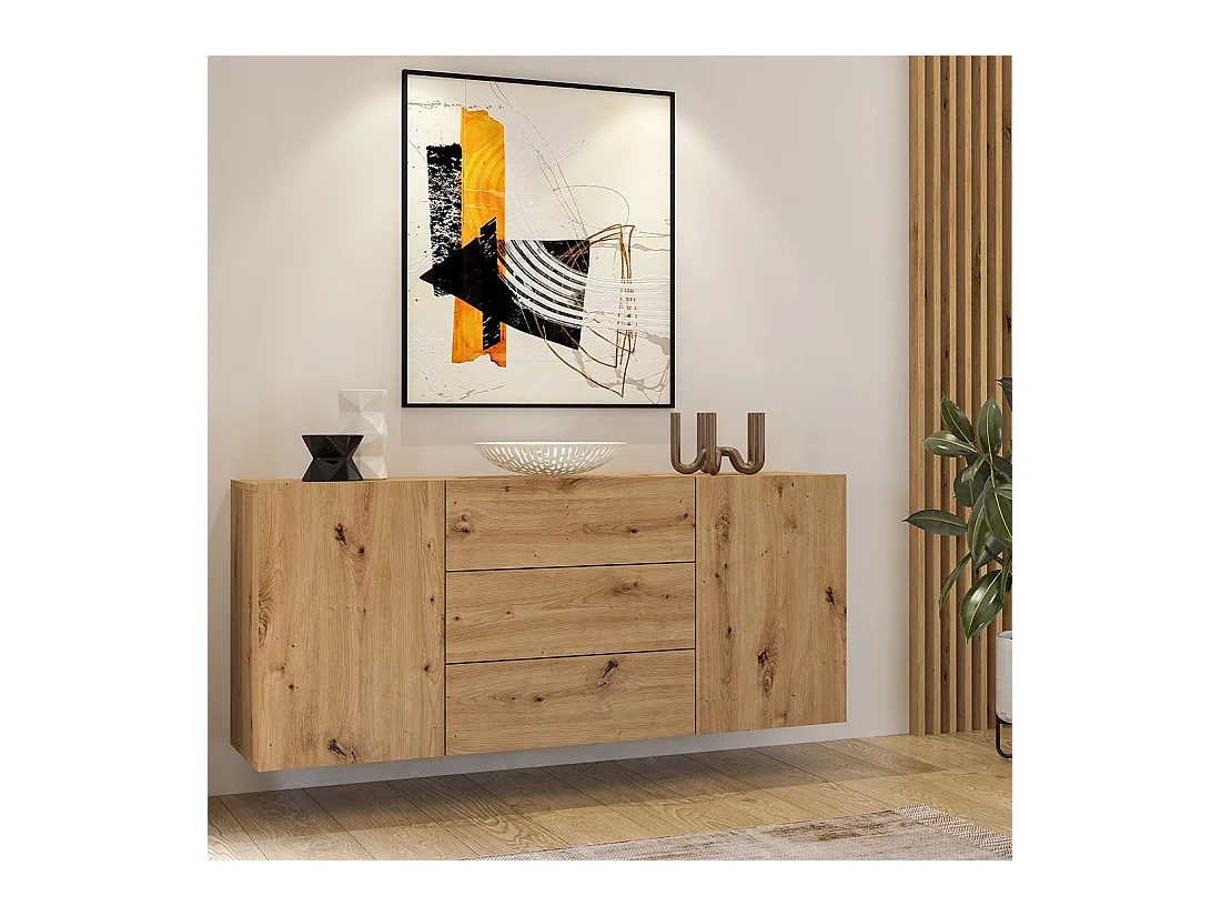 Buffet 140cm, Kollektion EVA, 2 Türen und 3 Schubladen. Farbe Eiche und Schwarz.