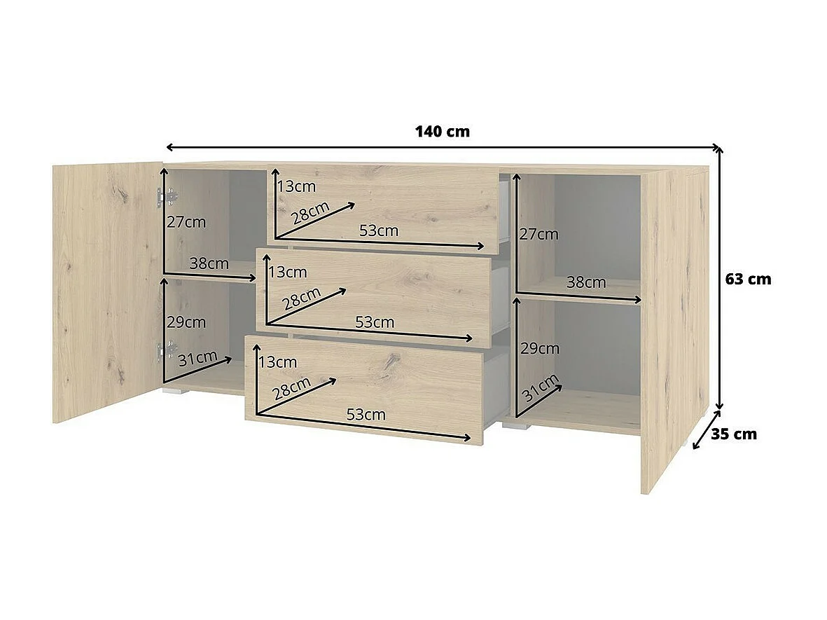 Buffet 140 cm coleção EVA 2 portas e 3 gavetas. Cor carvalho e preto.