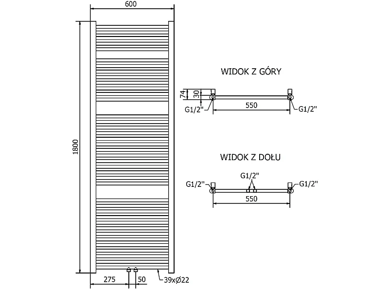 Mexen Mars radiador de casa de banho 1800 x 600 mm, 752 W, dourado - W110-1800-600-00-50