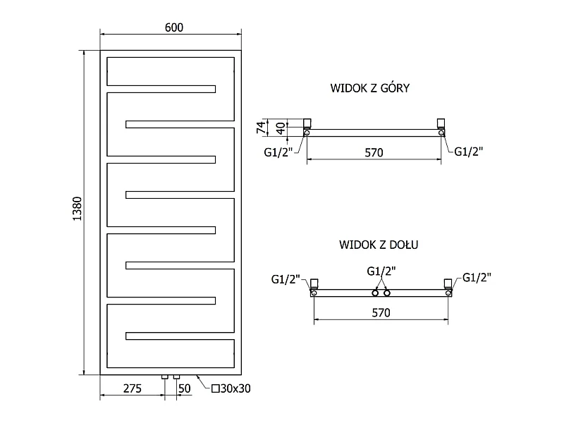 Mexen Orlando decoratieve radiator 1380 x 600 mm, 445 W, zwart - W207-1380-600-00-70