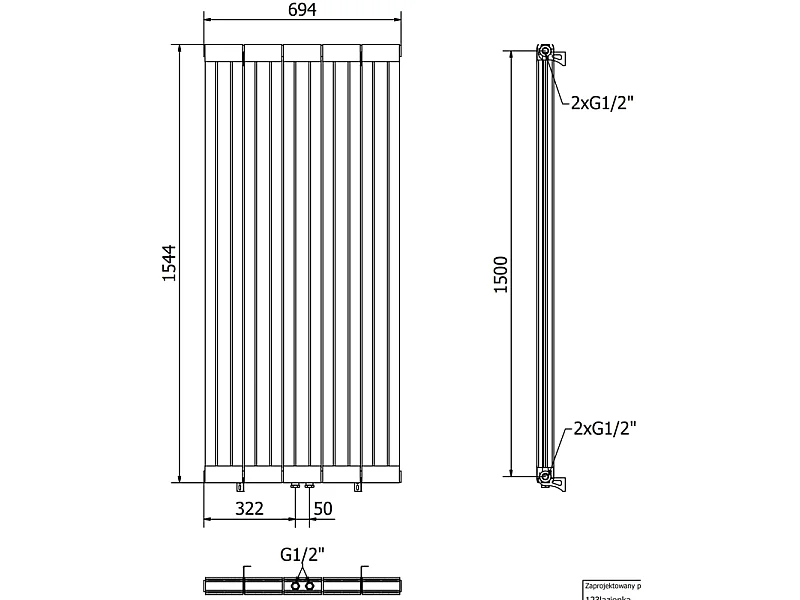 Mexen Waco radiateur décoratif 1544 x 694 mm, 1550 W, noir - W217-1544-694-00-70