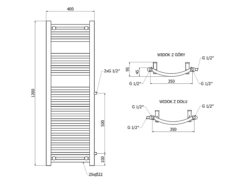 Mexen Ares radiateur latéral de salle de bain 1200 x 400 mm, 442 W, noir - W102-1200-400-00-70-S