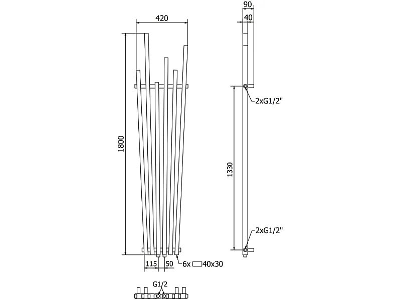 Mexen Omaha radiateur décoratif 1800 x 420 mm, 655 W, noir - W208-1800-420-00-70