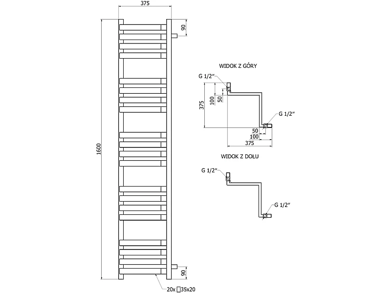 Mexen Loop radiateur de salle de bain d'angle 1600 x 375 mm, 837 W, noir - W129-1600-350-00-70