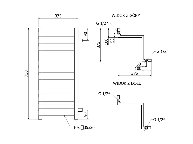 Mexen Loop radiador de casa de banho de canto 750 x 375 mm, 413 W, antracite - W129-0750-350-00-66
