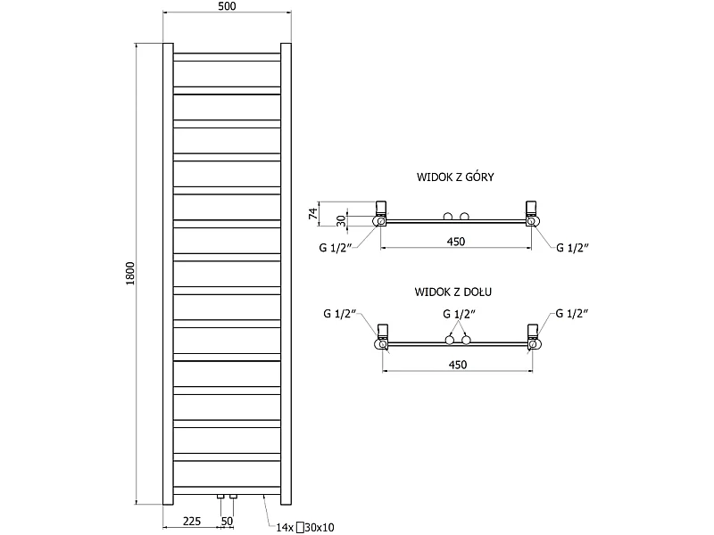 Mexen Bolt badkamer radiator 1800 x 500 mm, 460 W, antraciet - W126-1800-500-00-66