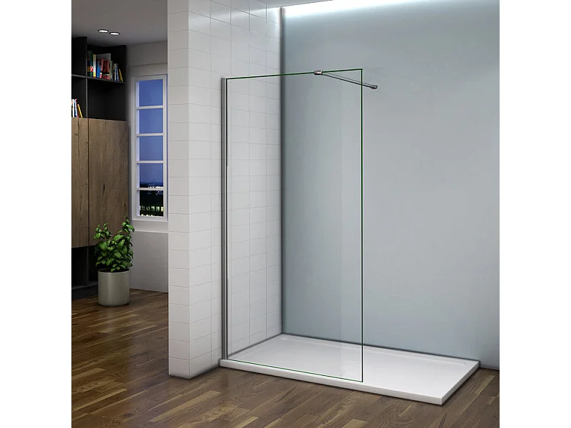 Paroi de douche à l'italienne 50x200cm avec barre de fixation 140cm recoupable - Chromé - Verre 8mm trempé transparent