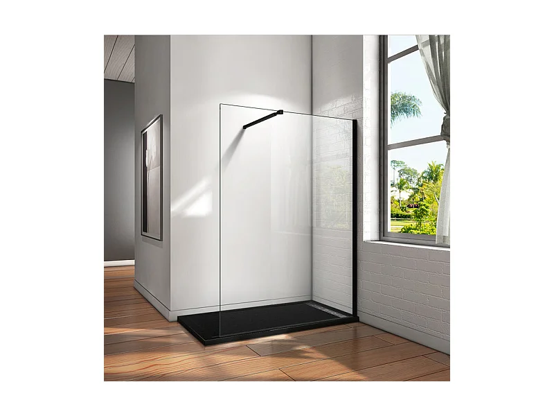 Paroi de douche à l'italienne 100x200cm en verre 8mm securit anticalcaire, avec barre de fixation 73-120cm en carré - Noir Mat