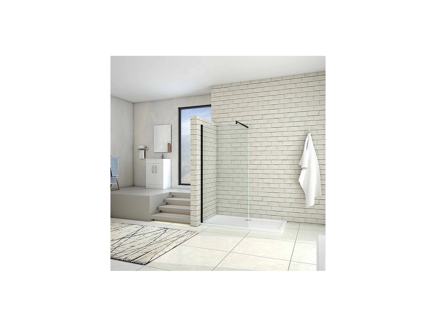 Paroi de douche à l'italienne 110x200cm en verre 8mm securit anticalcaire, avec barre de fixation 70-120cm en cylindrique - Noir Mat