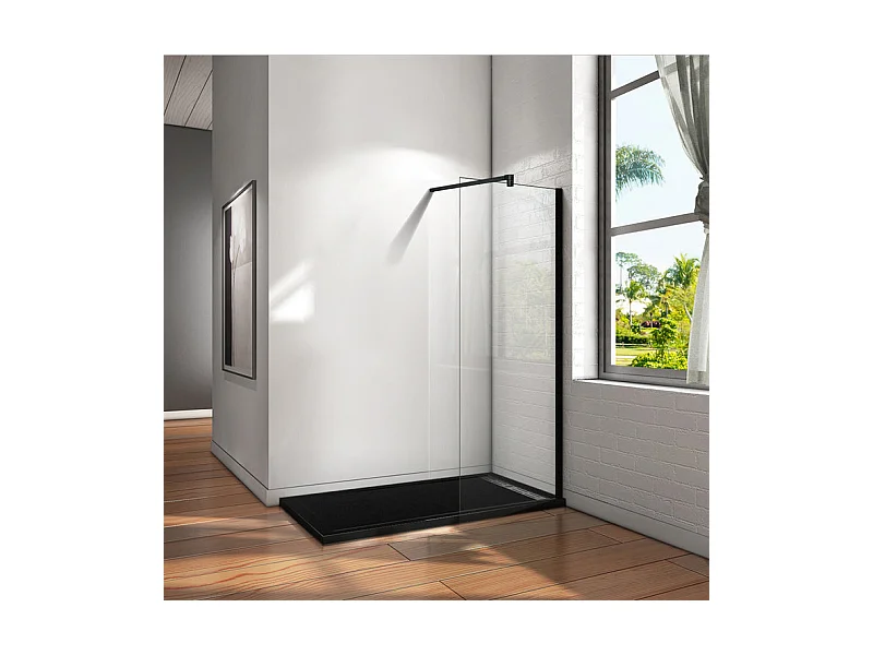 Paroi de douche à l'italienne 60x200cm en verre 8mm securit anticalcaire, avec barre de fixation 140cm en carré - Noir Mat