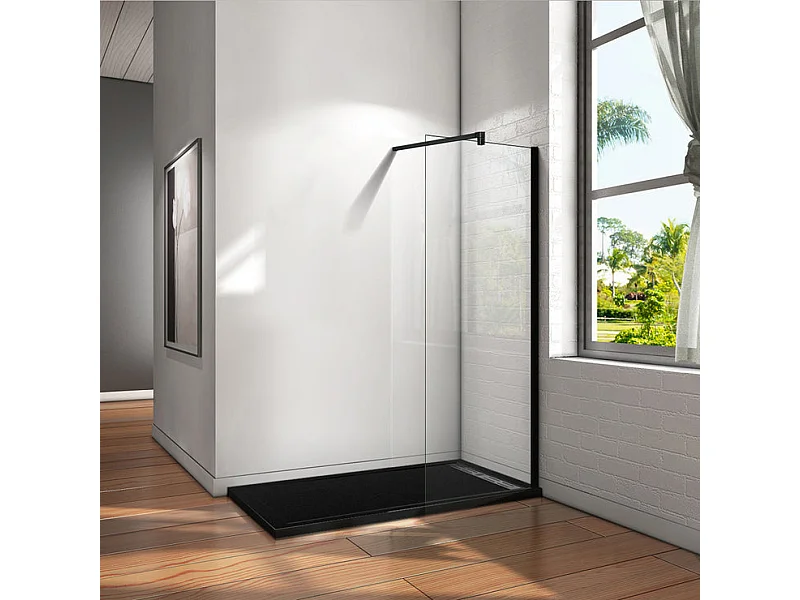 Paroi de douche à l'italienne 60x200cm en verre 8mm securit anticalcaire, avec barre de fixation 140cm en carré - Noir Mat