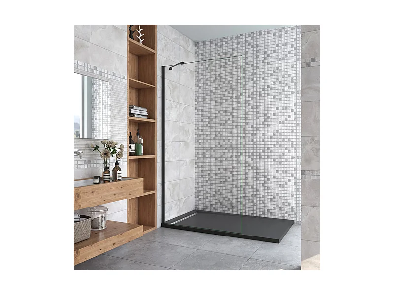 Paroi de douche à l'italienne 90x200cm en verre 8mm securit anticalcaire, avec barre de fixation d'angle 45cm - Noir Mat