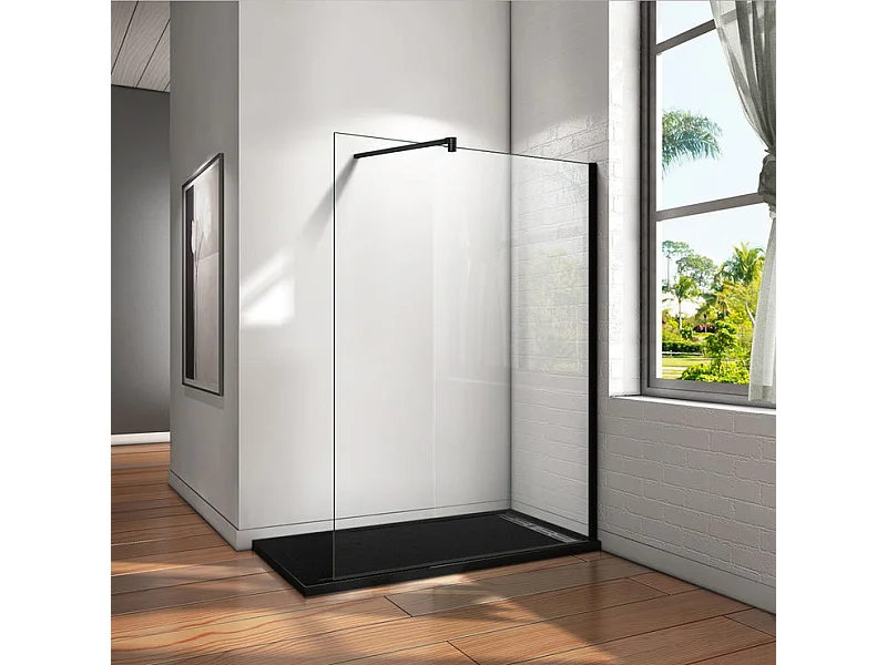 Paroi de douche à l'italienne 140x200cm en verre 8mm securit anticalcaire, avec barre de fixation 140cm en carré - Noir Mat