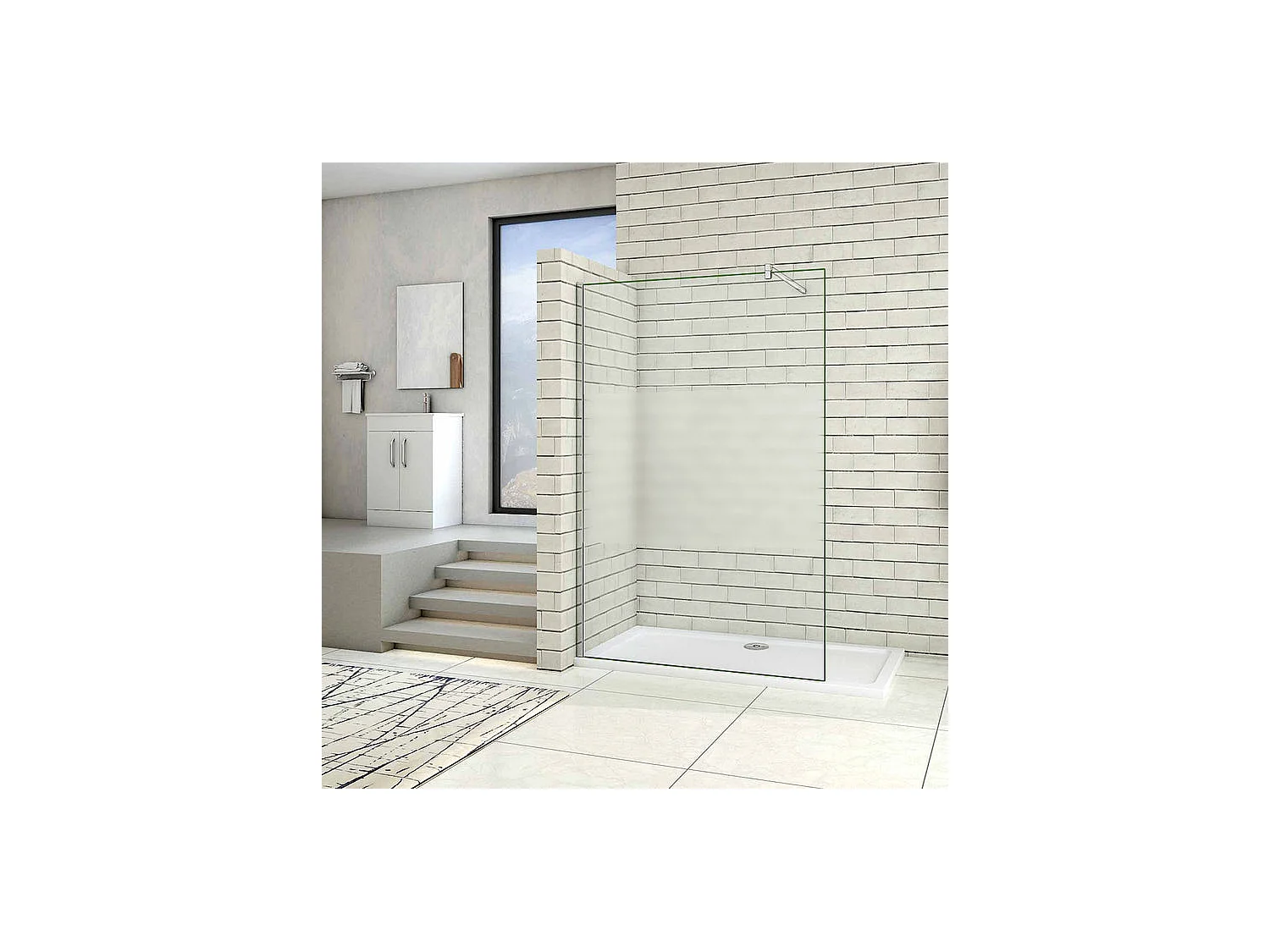 Paroi de douche à l'italienne 140x200cm avec barre de fixation 90cm en carré, en 8mm verre bande centrale dépolie