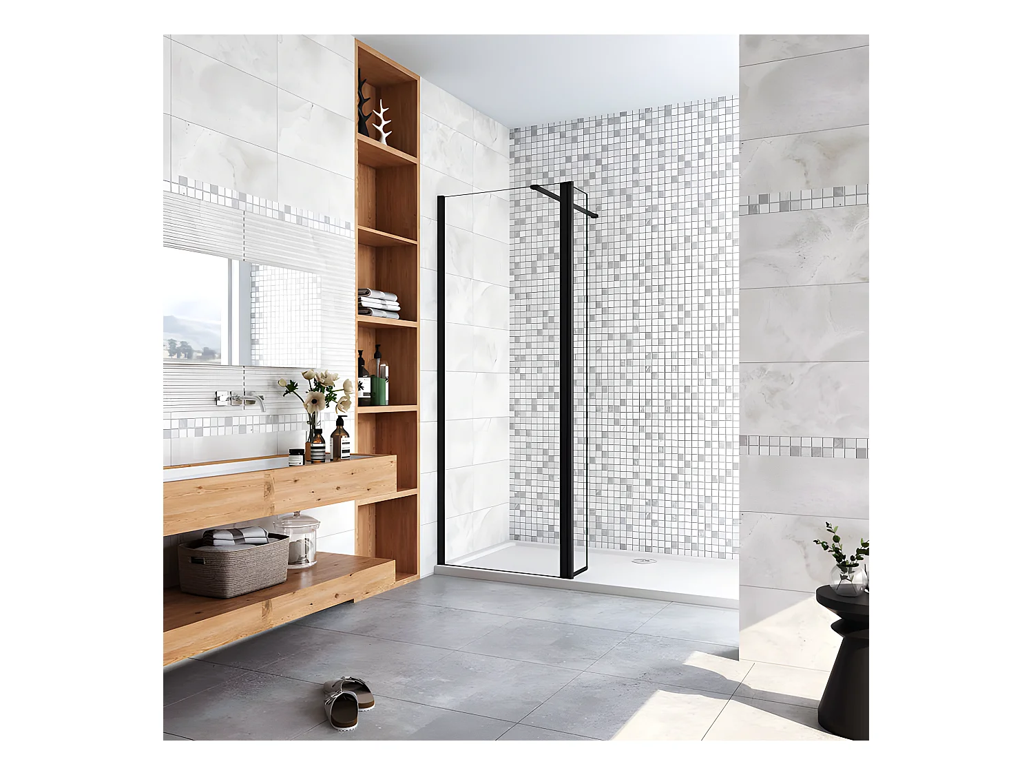 Paroi de douche à l'italienne avec retour pivotant 50+40x200cm avec barre de fixation 90cm recoupable - Noir Mat - 8mm verre anticalcaire