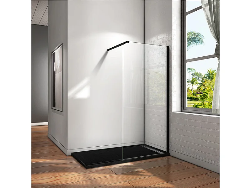 Paroi de douche à l'italienne 70x200cm en verre 8mm securit anticalcaire, avec barre de fixation 73-120cm en carré - Noir Mat