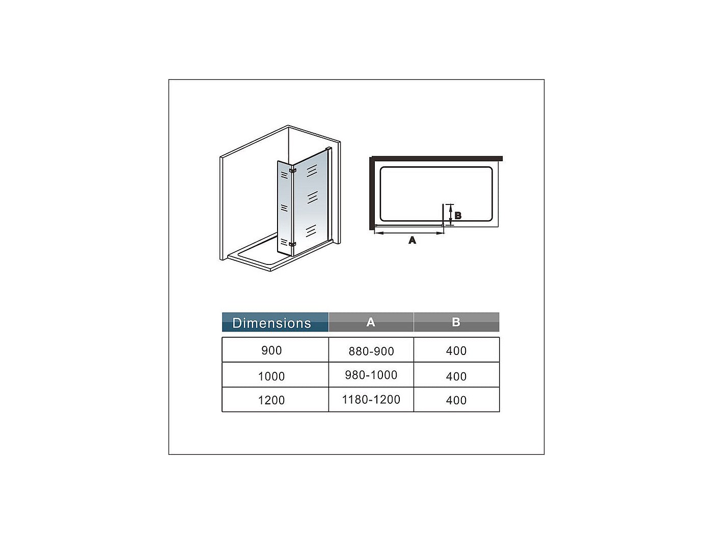 Paroi de douche avec retour pivotant 120+40x200cm, charnières, paroi de