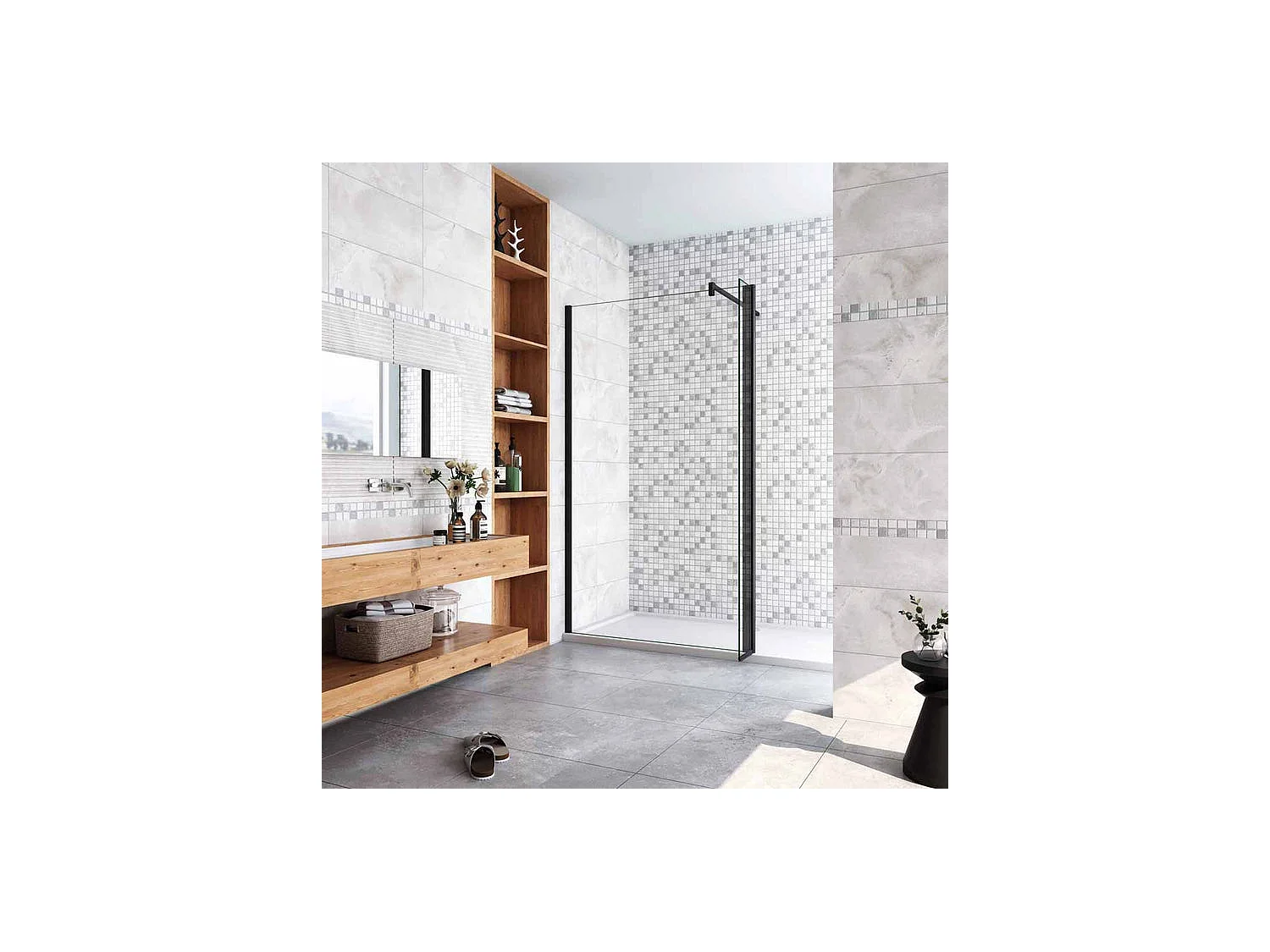 Paroi de douche à l'italienne avec retour pivotant 130+40x200cm avec barre de fixation 90cm en carré - Noir Mat - 8mm verre anticalcaire