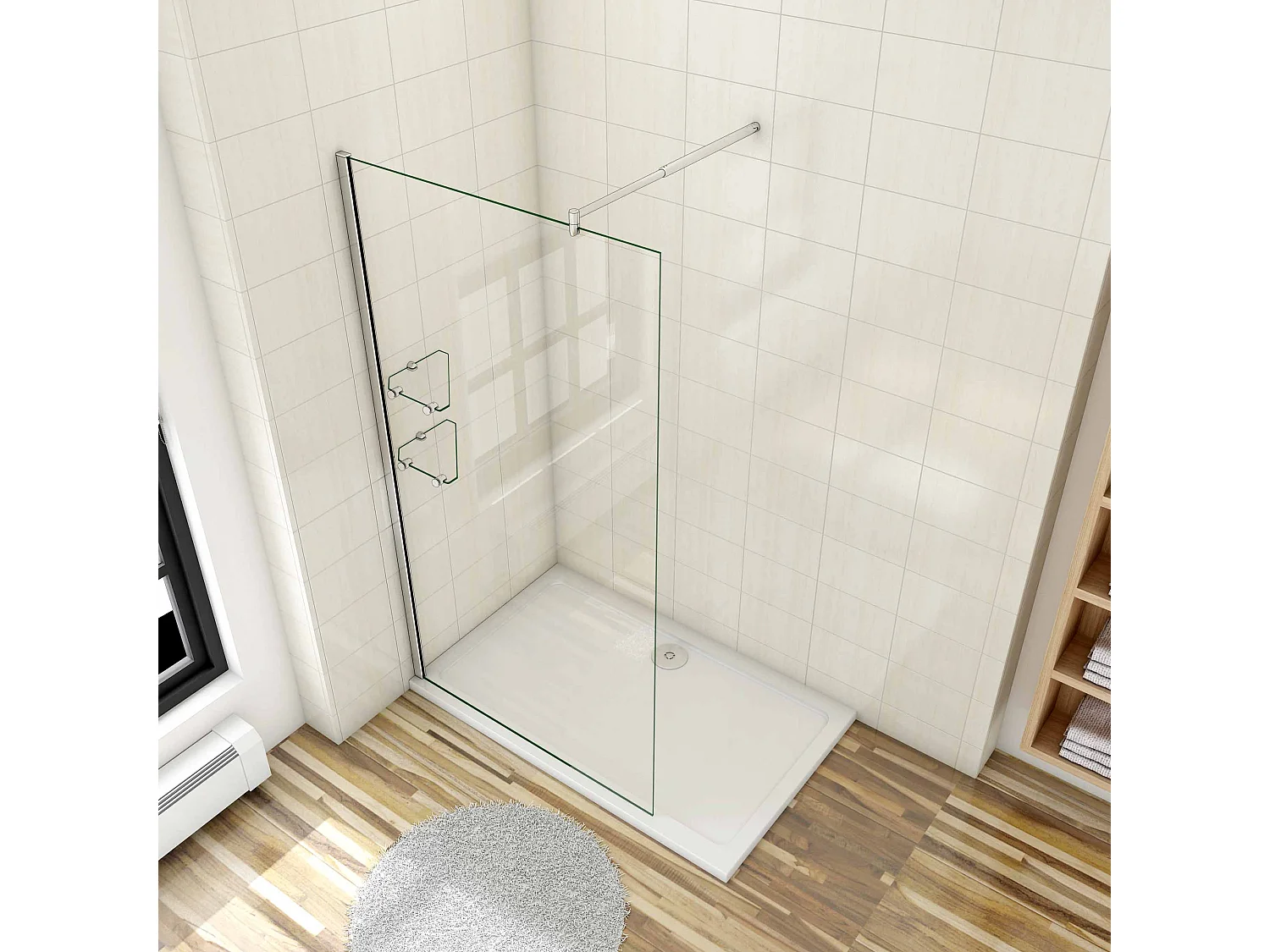Paroi de douche à l'italienne 100x190cm avec étagères et barre de fixation 70-120cm en cylindrique, en 8mm verre anticalcaire