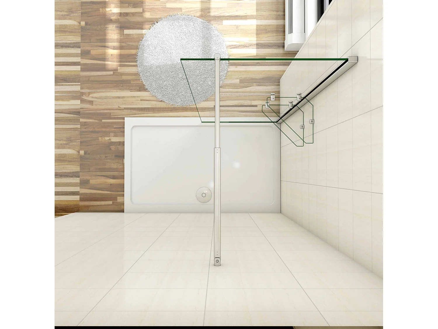 Paroi de douche à l'italienne 80x190cm avec étagères et barre de fixation 70-120cm en cylindrique, en 8mm verre anticalcaire