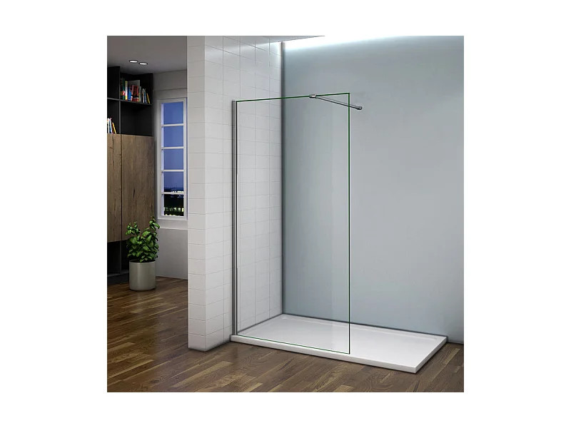 Paroi de douche à l'italienne 30x200cm avec barre de fixation 140cm recoupable - Chromé - Verre 8mm trempé transparent