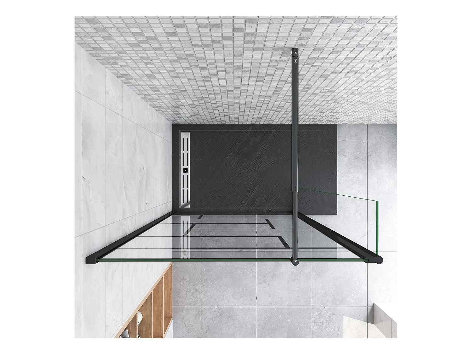 Paroi de douche fixe à l'italienne 100+30x200cm avec retour pivotant - Noir - avec barre de fixation 70-120cm en cylindrique