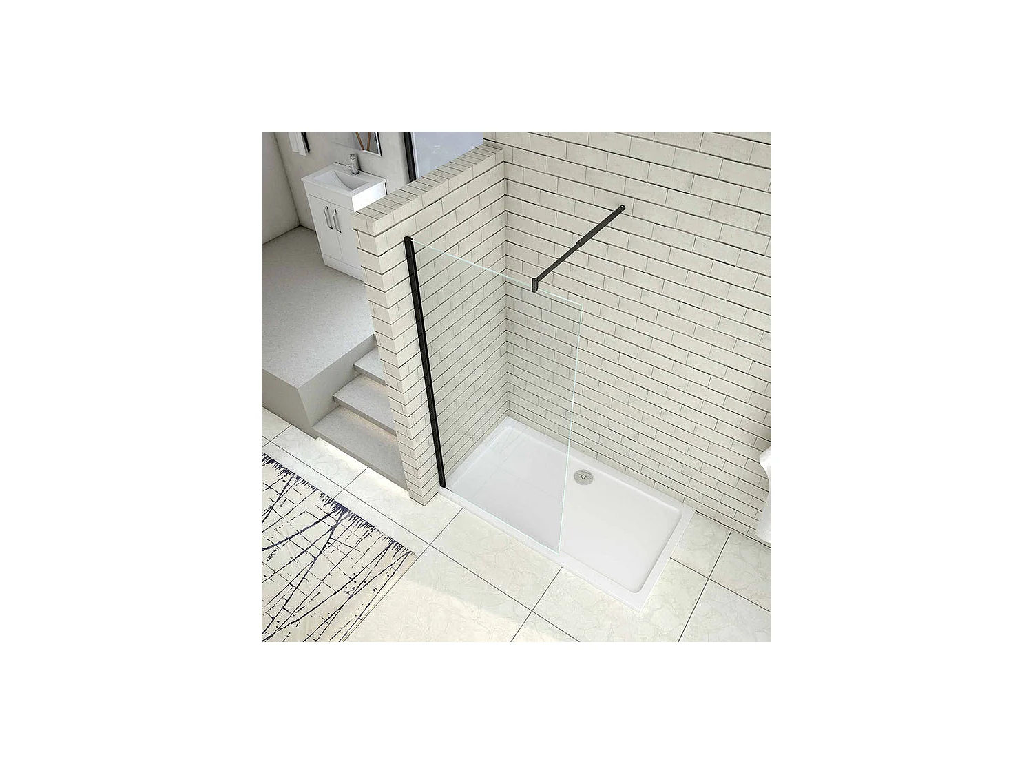 Paroi de douche à l'italienne 80x200cm en verre 8mm securit anticalcaire, avec barre de fixation 70-120cm en cylindrique - Noir Mat