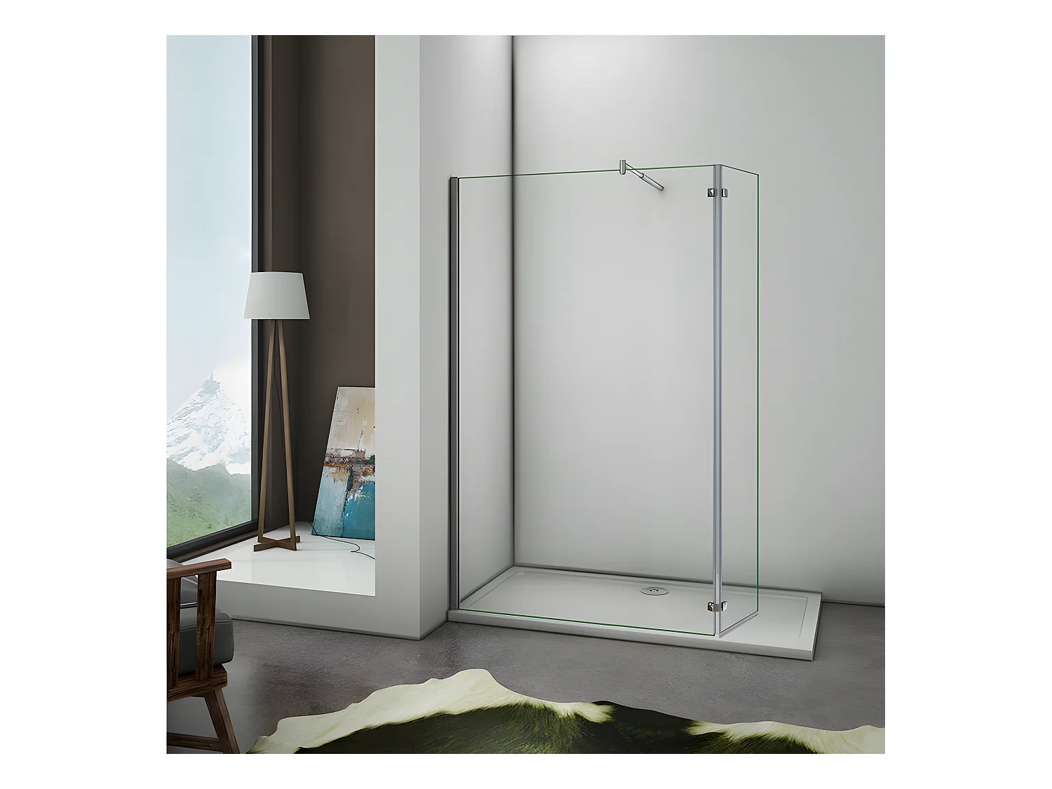 Paroi de douche fixe à l'italienne avec retour pivotant 90+40x200cm, charnières, avec barre de fixation cylindrique 70-120cm
